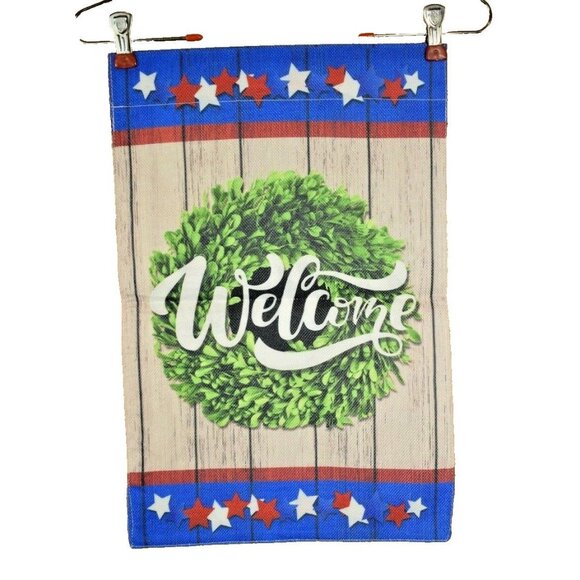 Americana Welcome Wreath 12 x 18 inch Double Sided Nylon Burlap Garden Flag - Picture 2 of 2